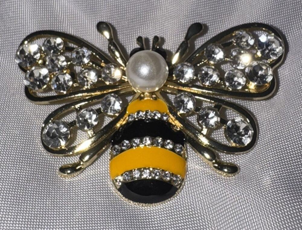 Bee Brooch Clear Rhinestone Faux Pearl Yellow Enamel Gold Tone Jewelry Pin